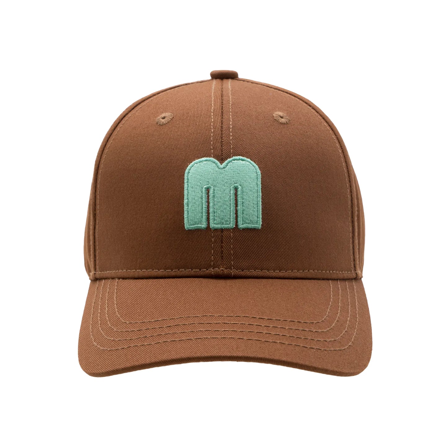 Brown Mossimo Malaysia cap featuring a teal embroidered logo on the front, made from cotton material with a metal buckle tuck-in closure.